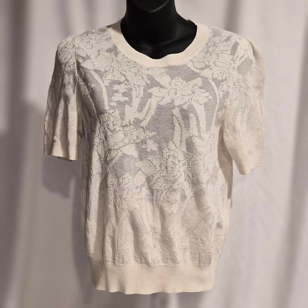 GOELIA Sparkle Floral Burnout Knit Top // Cream Puff Sleeve Coquette Blouse S